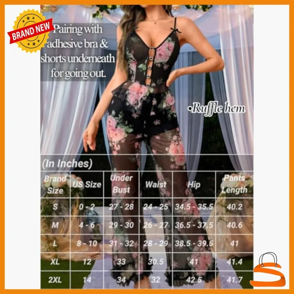 Sheer Mesh Pajama Set with Rhinestone Cami & Ruffle Pants, Romantic Floral